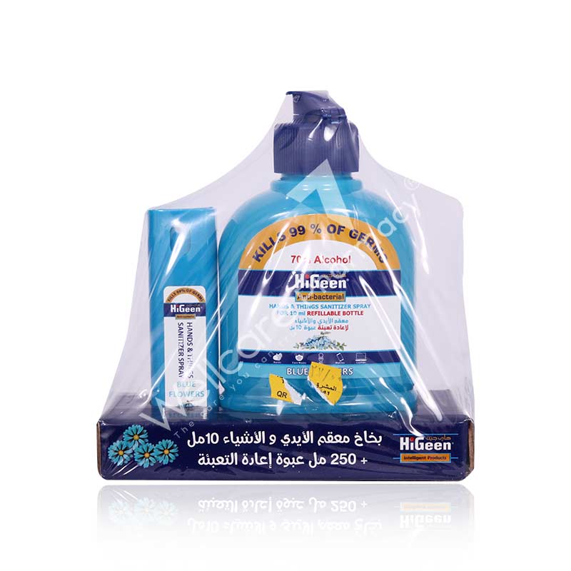 Higeen Hand & Things Sanitizer Spray Refillable Bottile Blue Flowers 250ml